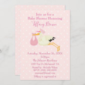 ピンクと白の水玉模様コウノトリ赤ちゃんシャワー 招待状 (正面/裏面)