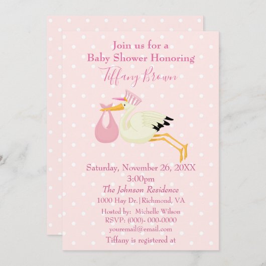 ピンクと白の水玉模様コウノトリ赤ちゃんシャワー 招待状 (正面/裏面)