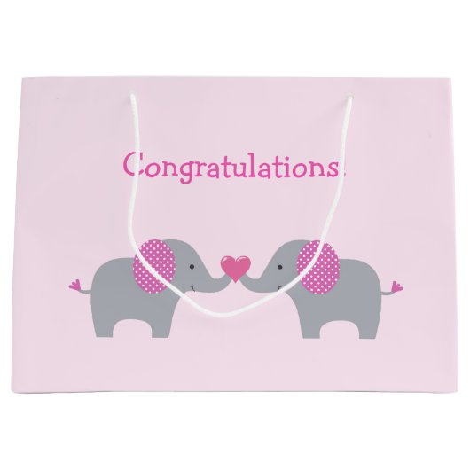 ピンクと白の水玉模様ゾウのベビーシャワー ラージペーパーバッグ (正面)