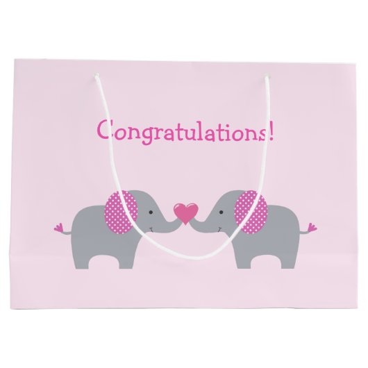 ピンクと白の水玉模様ゾウのベビーシャワー ラージペーパーバッグ (裏面)