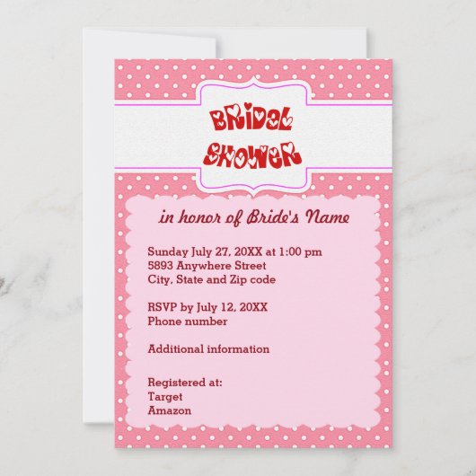 ピンクと白の水玉模様ハートブライダルシャワーカード 招待状 (正面)