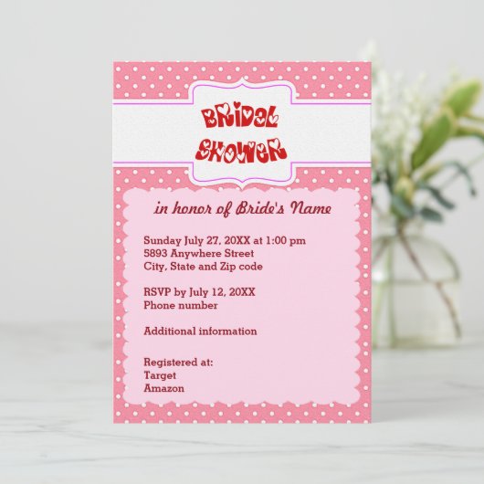 ピンクと白の水玉模様ハートブライダルシャワーカード 招待状 (スタンド正面)