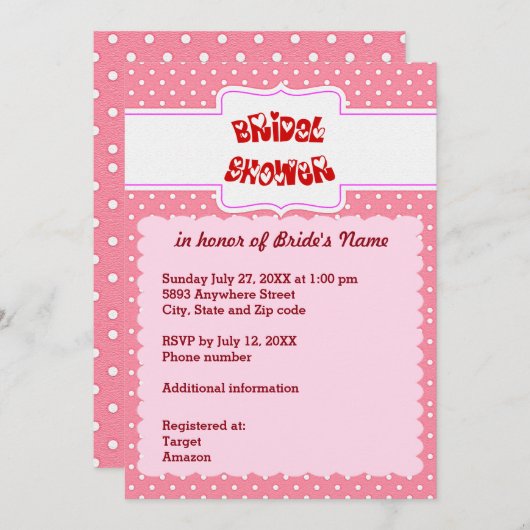 ピンクと白の水玉模様ハートブライダルシャワーカード 招待状 (正面/裏面)