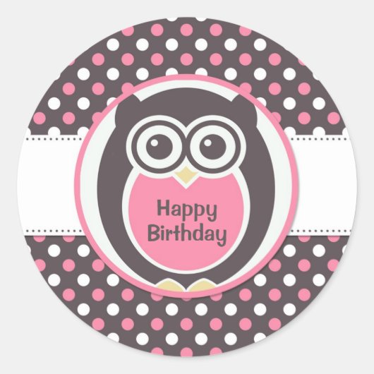 ピンクと白の水玉模様フクロウ誕生日シール ラウンドシール (正面)