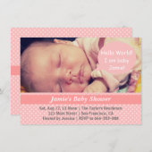 ピンクと白の水玉模様少女のベビーシャワー写真 招待状 (正面/裏面)