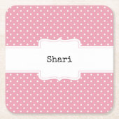 ピンクと白の水玉模様 パーソナライズされた スクエアペーパーコースター (正面)
