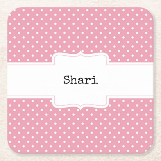 ピンクと白の水玉模様 パーソナライズされた スクエアペーパーコースター (正面)