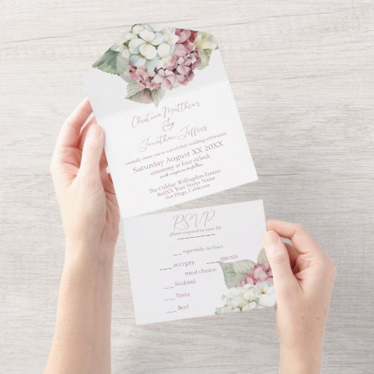 ピンクと白の水色あじさい花 オールインワン招待状 (貼ってはがせる)