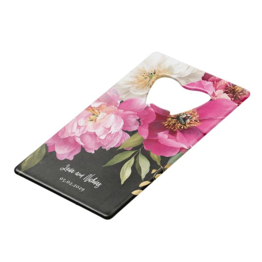 ピンクと白の水色の牡丹のフローラ結婚 クレジットカード栓抜き (正面アングル)
