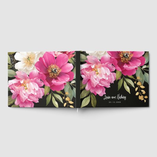 ピンクと白の水色の牡丹のフローラ結婚 ゲストブック (全面)
