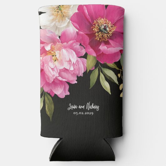 ピンクと白の水色の牡丹のフローラ結婚 スリム缶クーラー (正面)