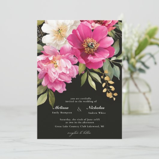 ピンクと白の水色の牡丹のフローラ結婚 招待状 (スタンド正面)