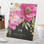 ピンクと白の水色の牡丹の結婚式カード 台座サイン (インサイチュ)