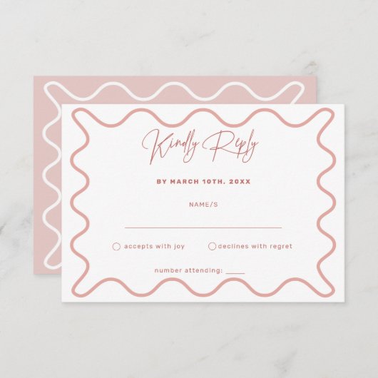 ピンクと白の波状RSVP縁どカード エンクロージャーカード (正面/裏面)