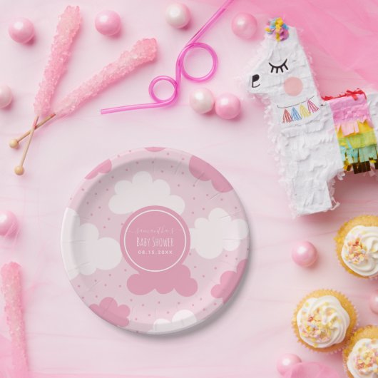 ピンクと白の漫画の雲ガールベイビーシャワーかわいい ペーパープレート (パーティー)