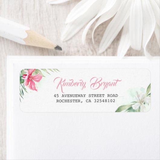 ピンクと白の熱帯ビーチの花 ラベル (インサイチュ)