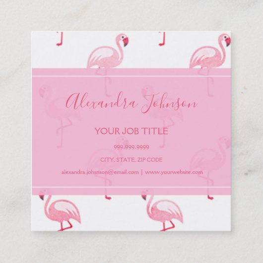 ピンクと白の熱帯フラミンゴパターン スクエア名刺 (裏面)
