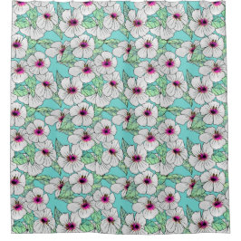 ピンクと白の熱帯性ハイビスカスの花の模様 シャワーカーテン