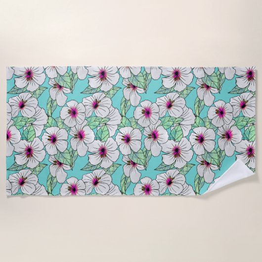 ピンクと白の熱帯性ハイビスカスの花の模様 ビーチタオル (正面)