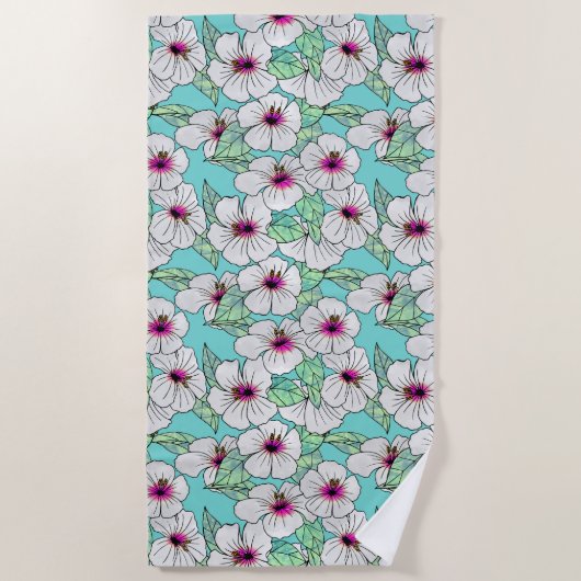 ピンクと白の熱帯性ハイビスカスの花の模様 ビーチタオル (正面)