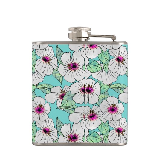 ピンクと白の熱帯性ハイビスカスの花の模様 フラスク (裏面)