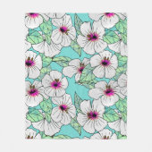 ピンクと白の熱帯性ハイビスカスの花の模様 フリースブランケット (正面)