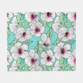 ピンクと白の熱帯性ハイビスカスの花の模様 フリースブランケット (正面(横))