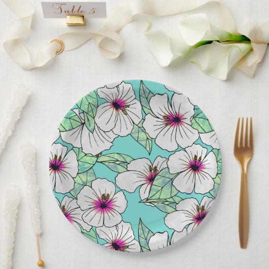 ピンクと白の熱帯性ハイビスカスの花の模様 ペーパープレート (ウェディング)