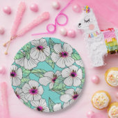 ピンクと白の熱帯性ハイビスカスの花の模様 ペーパープレート (パーティー)