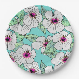 ピンクと白の熱帯性ハイビスカスの花の模様 ペーパープレート
