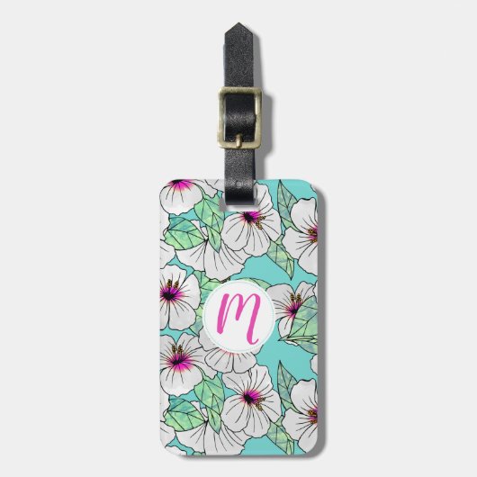 ピンクと白の熱帯性ハイビスカスの花の模様 ラゲッジタグ (正面縦)
