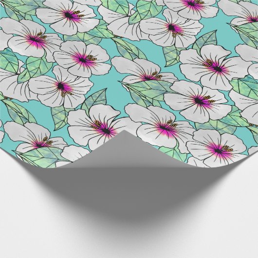 ピンクと白の熱帯性ハイビスカスの花の模様 ラッピングペーパー (角)