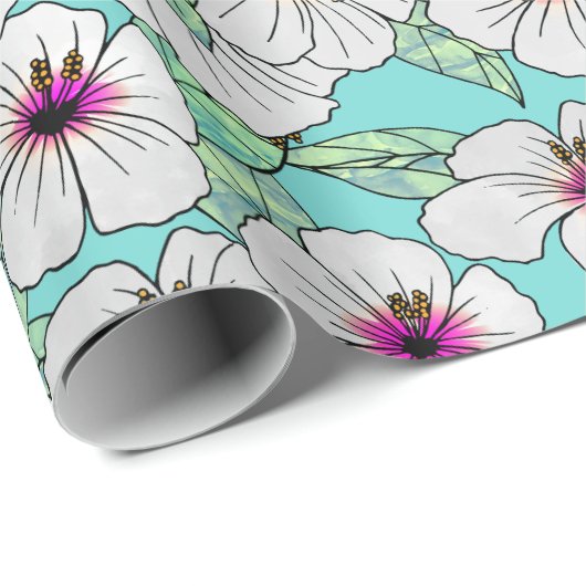 ピンクと白の熱帯性ハイビスカスの花の模様 ラッピングペーパー (ロールコーナー)