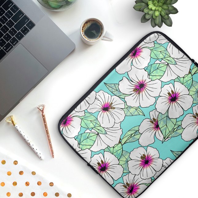 ピンクと白の熱帯性ハイビスカスの花の模様 ラップトップスリーブ (Hibiscus Pattern Laptop Sleeve)