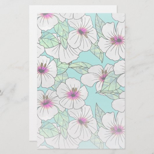 ピンクと白の熱帯性ハイビスカスの花の模様 便箋 (正面/裏面)