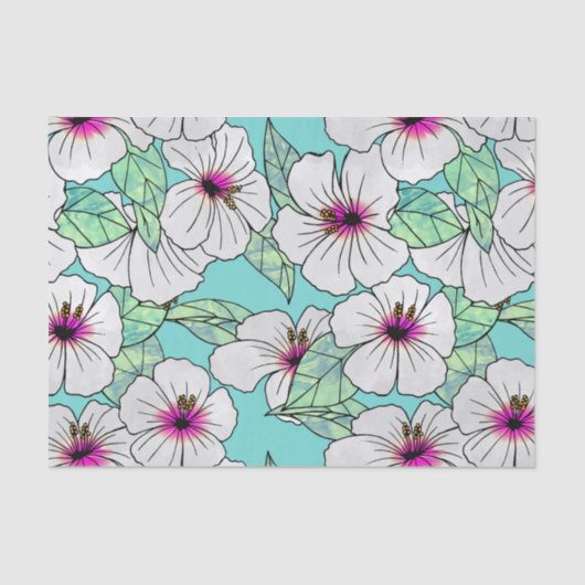 ピンクと白の熱帯性ハイビスカスの花の模様 薄葉紙 (正面)