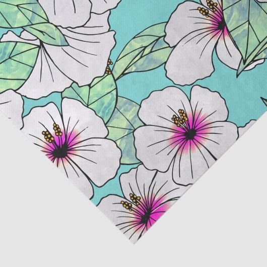 ピンクと白の熱帯性ハイビスカスの花の模様 薄葉紙 (詳細)