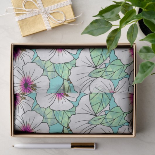 ピンクと白の熱帯性ハイビスカスの花の模様 薄葉紙 (ギフト)