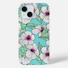 ピンクと白の熱帯性ハイビスカスの花の模様 iPhone 15ケース