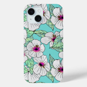 ピンクと白の熱帯性ハイビスカスの花の模様 iPhone 15ケース
