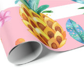 ピンクと白の熱帯花の植物と鳥 ラッピングペーパー (ロールコーナー)