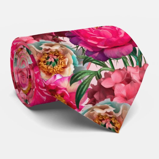 ピンクと白の牡丹とアジサイの花 ネクタイ (ロール)