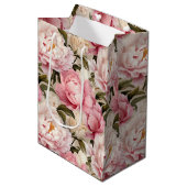 ピンクと白の牡丹のパターン(の模様が)ある花 ミディアムペーパーバッグ (正面アングル)