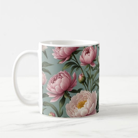 ピンクと白の牡丹の花 コーヒーマグカップ (左)