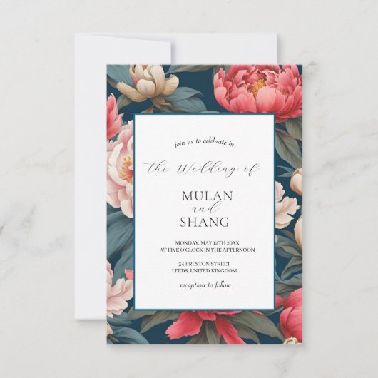 ピンクと白の牡丹オリエンタルプリント結婚ズ 招待状 (正面)