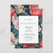 ピンクと白の牡丹オリエンタルプリント結婚ズ 招待状 (正面/裏面)