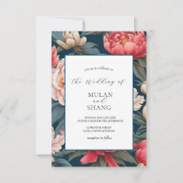ピンクと白の牡丹オリエンタルプリント結婚ズ 招待状