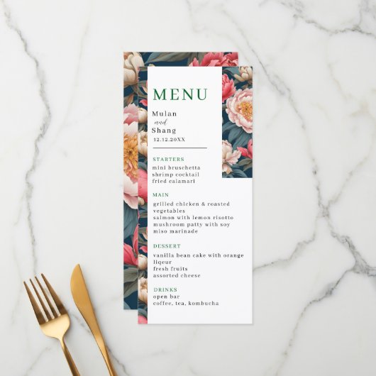 ピンクと白の牡丹オリエンタル結婚ズ メニュー (正面/裏面インサイチュ)