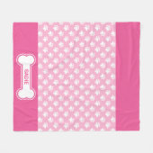 ピンクと白の犬の足と名前の骨 フリースブランケット (正面(横))