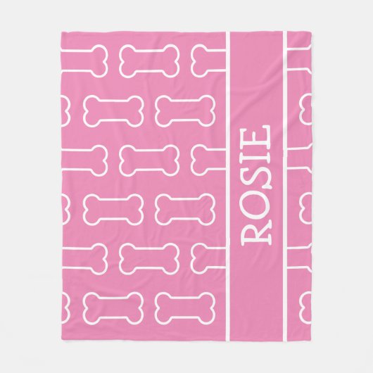 ピンクと白の犬の骨パーソナライズされたペット フリースブランケット (正面)